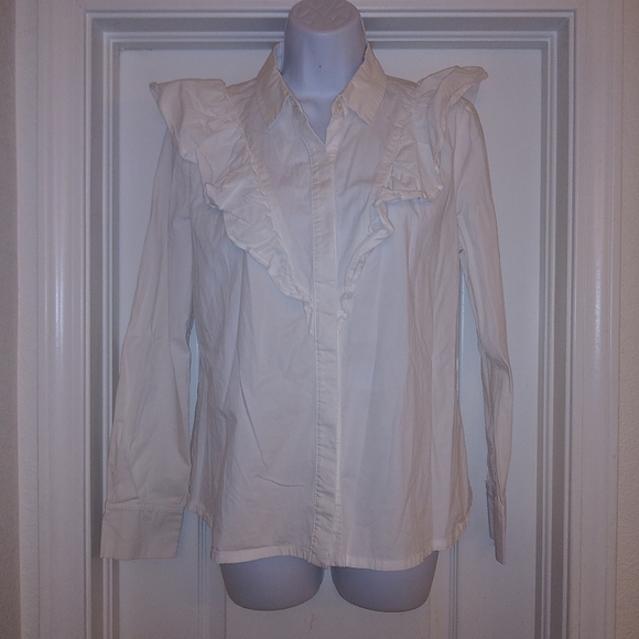 Olivia Culpo White Ruffle Button Down Shirt - Picture 4 of 8